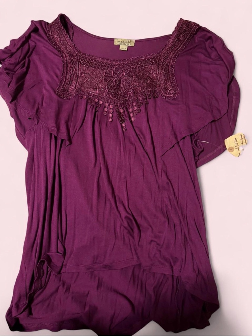 One World Women's Purple Embroidered Scoop Neck Top